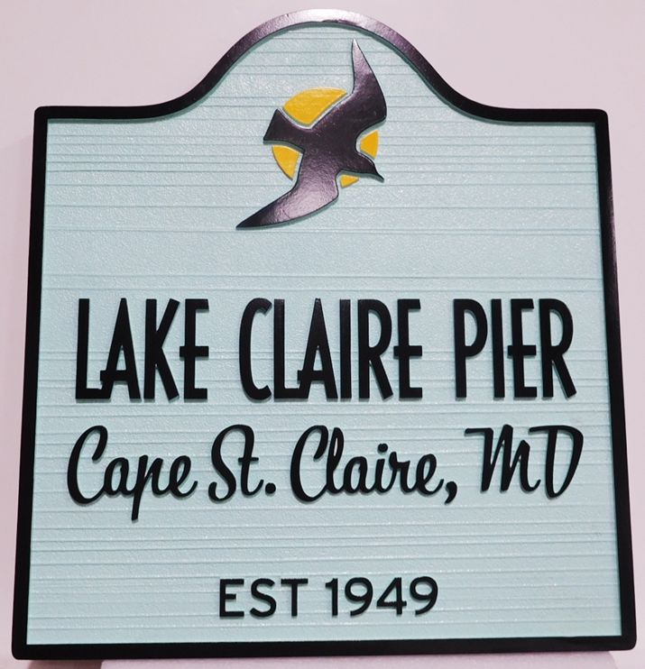 M22438 - Carved  and Sandblasted Wood Grain HDU   Sign for Lake Claire Pier, 2.5-DArtist=Painted with Bird in Flight as Artwork 