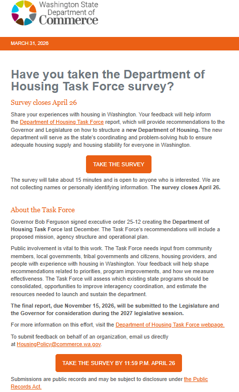 April 26 deadline to take the Housing Task Force Survey