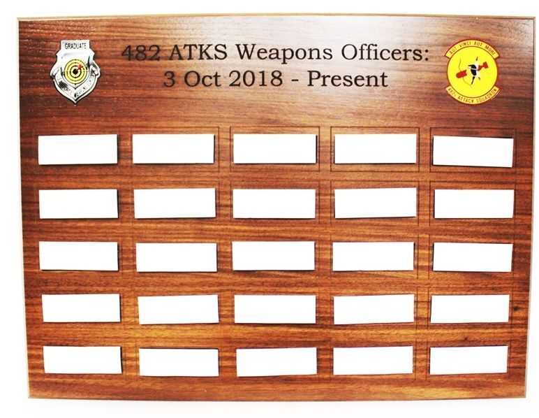 SB1132 - Mahogany Plaque of Previous Weapons Officers of the  482nd ATKS Attack Squadron, US Air Force