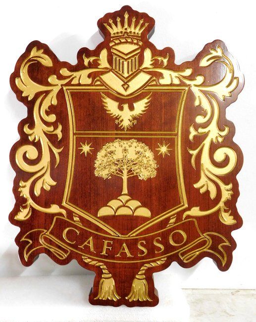 XP-3002 - Engraved  Wall Plaque of Family Coat-of-Arms / Crest, Gold Leaf Gilded with Mahogany Wood 