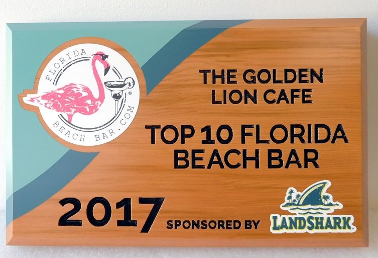 RB27268 -  Carved Cedar Wood Plaque is for a  Florida Beach Bar Award, with Flamingo as Artwork.