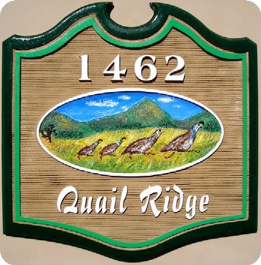 O24632 - Sandblasted Address Sign for "Quail Ridge" with Carved California Quail Family