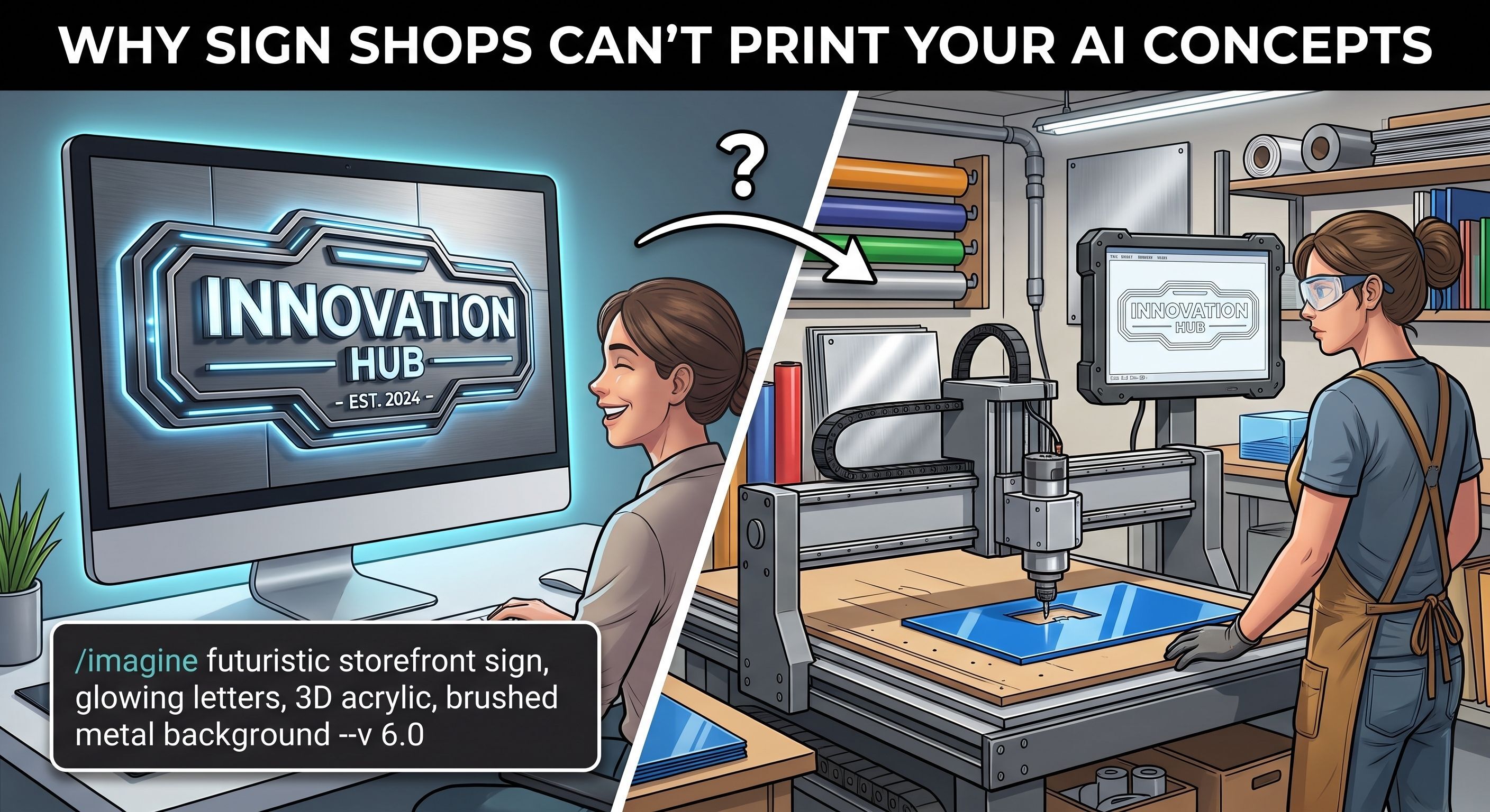 Split illustration of a happy woman looking at an AI sign concept on her screen next to a sign shop technician preparing a physical CNC routing machine.