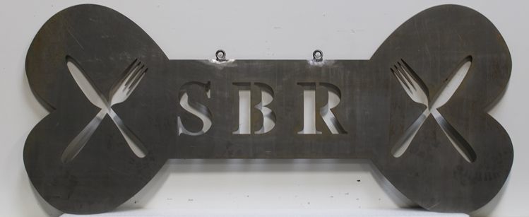 Q25056 - Hanging Entrance Sign for the SBR Restaurant, Carved in the Shape of a Bone, with cutouts for Text and Artwork, a Knife and Fork