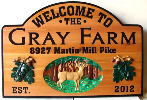 M22618 - Carved Cedar Gray  Farm Sign with 3-D Art of Deer in Forest and Oak Leaf Clusters 