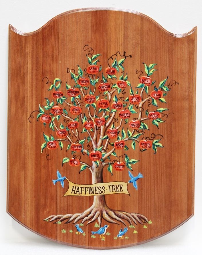 YP-2145 - Engraved Redwood  Plaque of  "The Happiness Tree" with Names of Family Members  