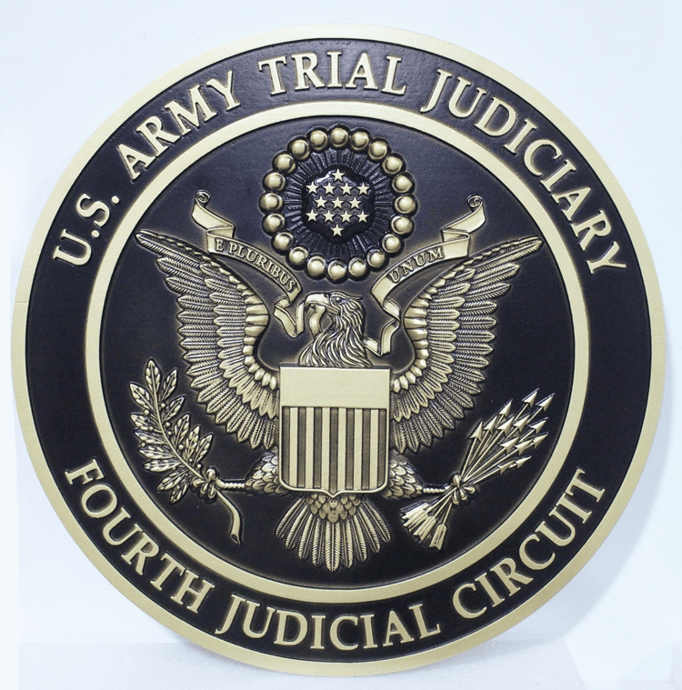 FP-1539 - Carved 3-F Brass-Plated HDU Plaque of  the Seal of the US Army Trial Judiciary,  Fourth Judicial Circuit