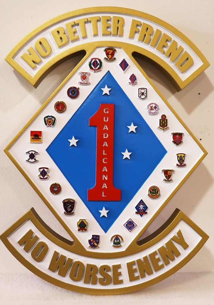 KP-2043 -Carved 2.5-D  Plaque of the Insignia of the 1st Marine Division "Guadalcanal" with Logo "No better friend, no worse e3nemy"