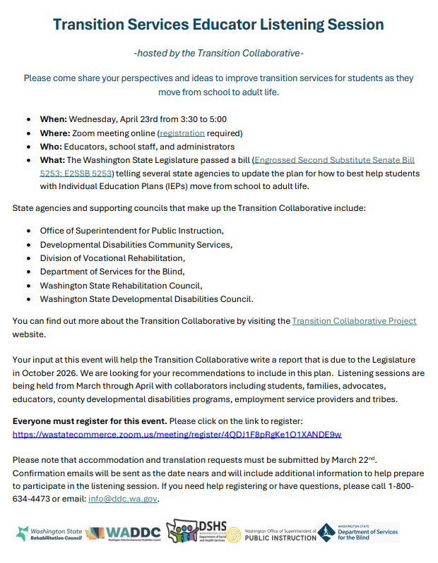 April 23: Transition Services Educator Listening Session