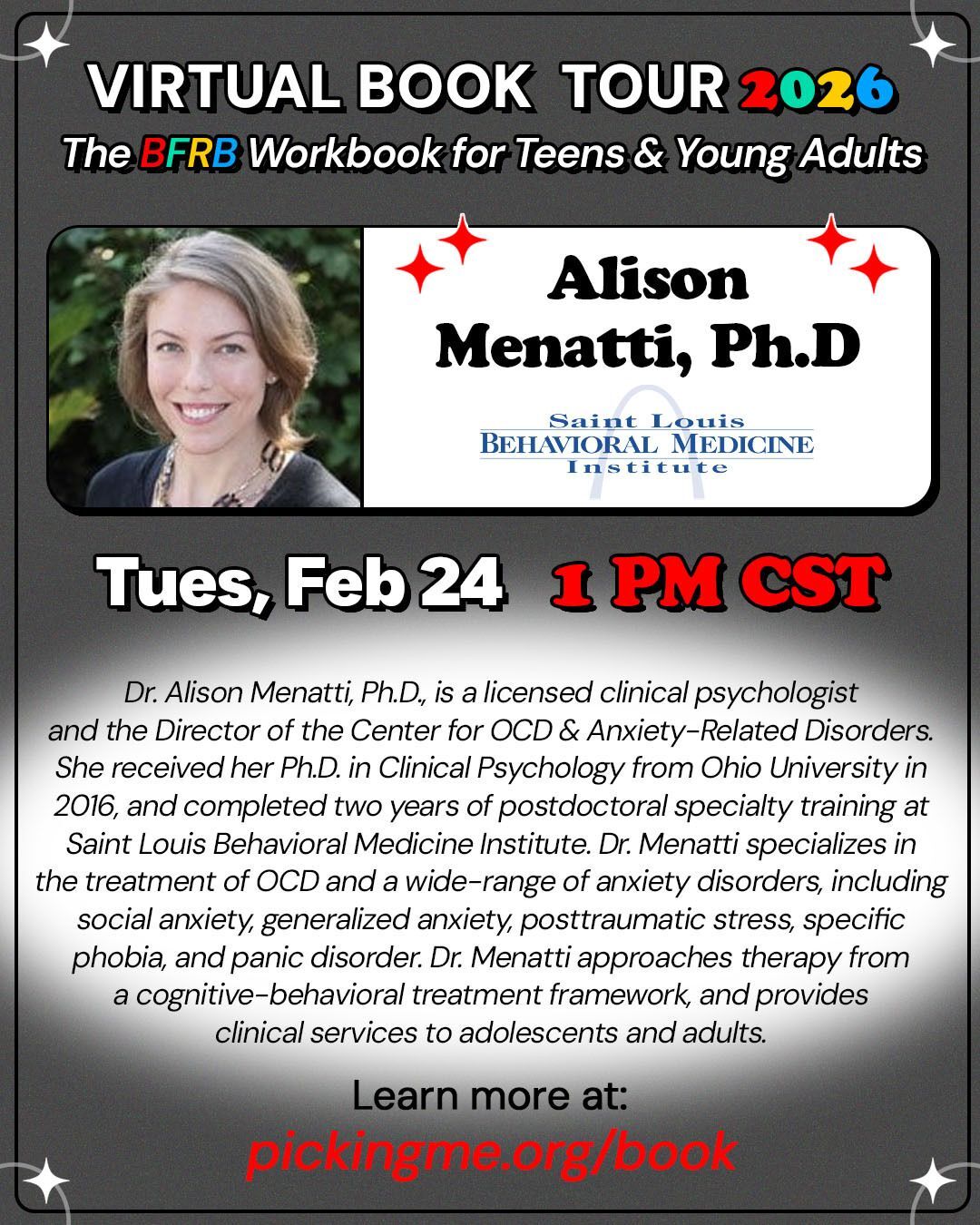 Tues, 2/24: 1 PM CST Alison Menatti Ph.D, St. Louis Behavioral Medicine Institute