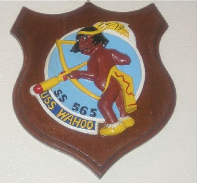 JP-2200 - Carved Shield Plaque for USS Wahoo Submarine, Artist Painted on Mahogany Wood 