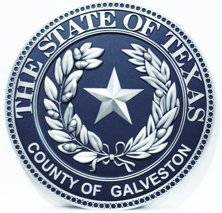 CP-1228 - Carved 3-D Bas-relief HDU Plaque of the Seal of the County of Galveston, the State of Texas