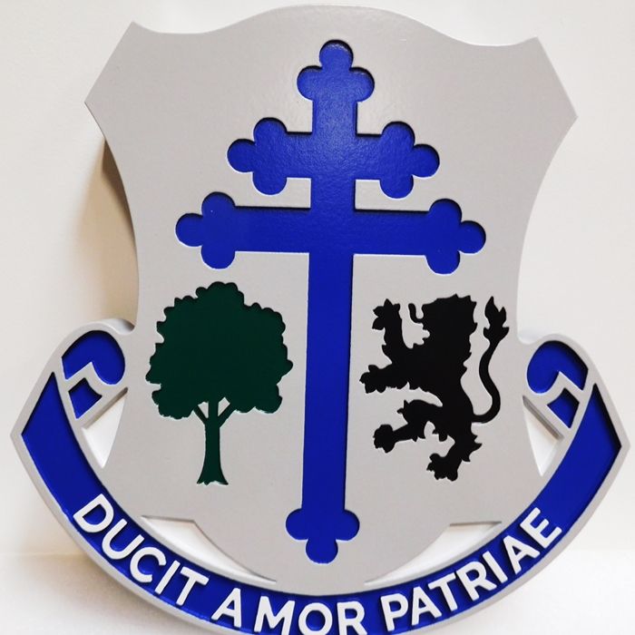 MP-2071 - Carved Plaque of the Crest of US Army 131st Infantry Regiment with Motto  "Ducit Amor Patriae",(The Love of Country Leads Me), Artist-Painted