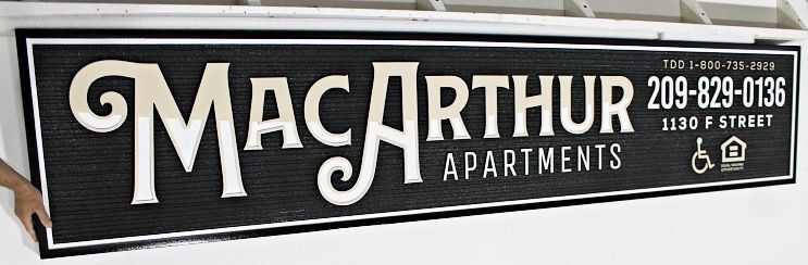 K20450 - Carved 2.5-D and Sandblasted Wood Grain HDU Entrance Address Sign for "Macarthur Apartments"