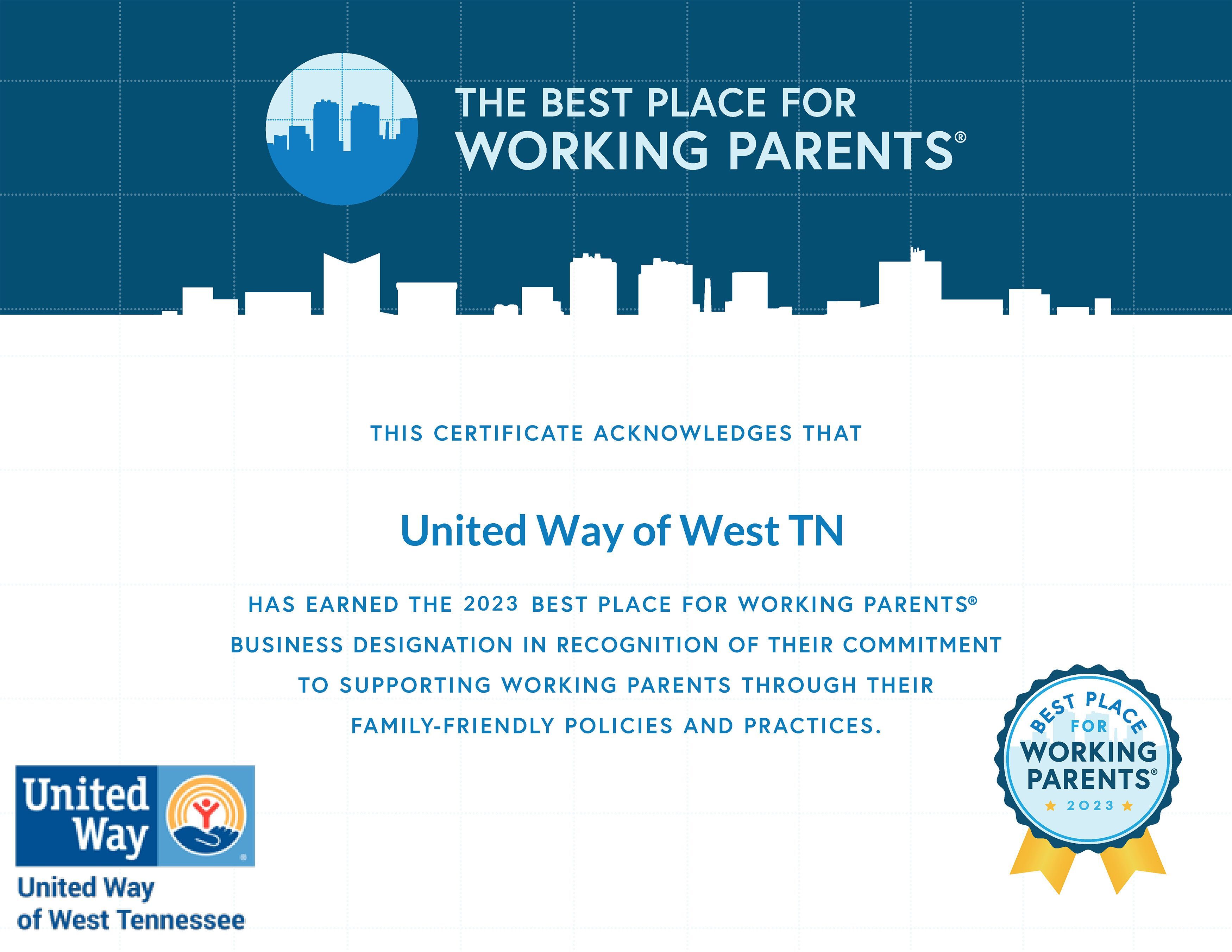 United Way of West Tennessee has been named a 2023 Best Place for Working Parents.