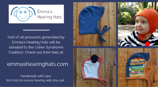 An advertisement for Emma's Hearing Hats. Four pictures of the hats next to the words. One picture is of a little girl wearing an orange hat.