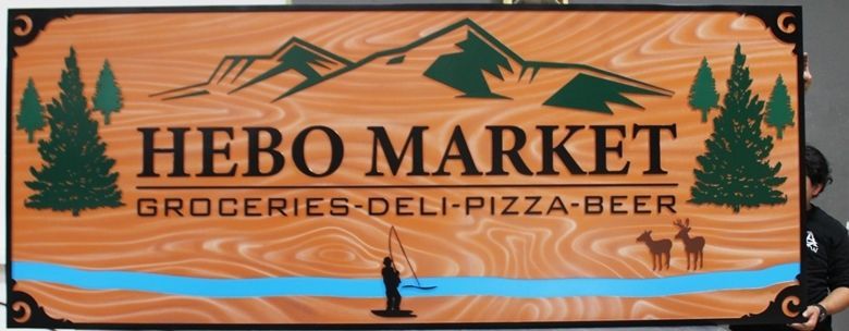 Q25628 -  Carved Raised Relief HDU  HDU Sign for rhe HEBO Market, with Background  Painted in a Wood Grain  Pattern  and Mountain and Stream Scene as Artwork
