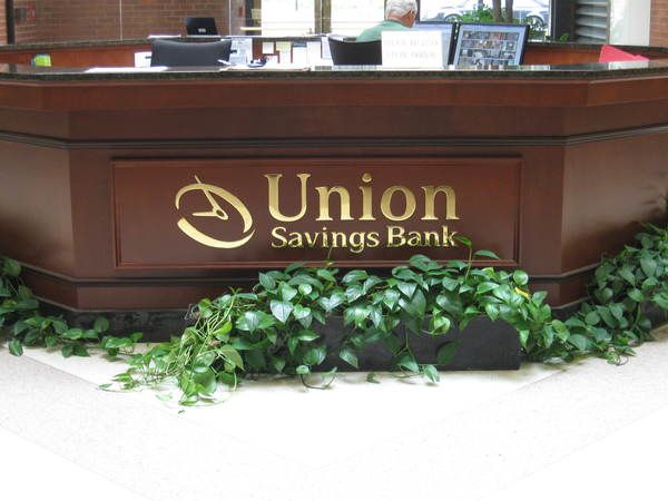  Interior Reception Area Lobby Sign, 1/4" Polished Brass Letters on Reception Desk