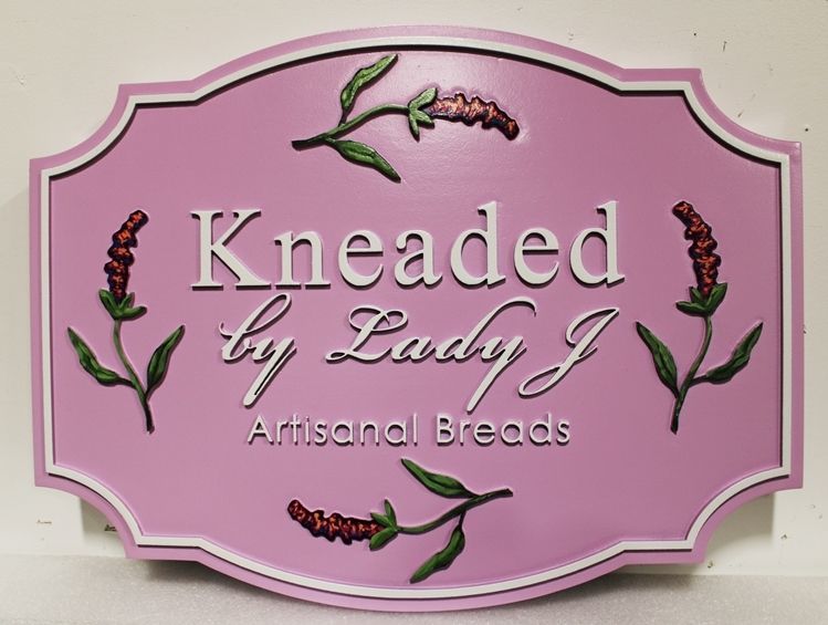 Q25592 - Carved 2.5-D Raised Relief HDU Sign for "Kneaded by Lady J Artisanal Breads", with Plants as Artwork 