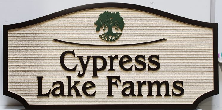 O24887 - Carved  & Sandblasted Wood Grain   Sign for  "Cypress Lake Farms", with a Cypress Tree as Artwork.