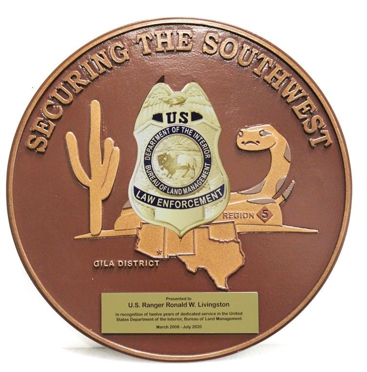 PP-1543 - Carved 2.5-D HDU Plaque of the Badge of a US Ranger of the Bureau of Land Management (BLM), Department of the Interior, with Cactus and Rattlesnake as Artwork