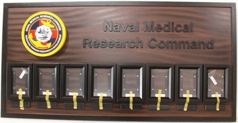JP-2371 - Naval Medical Research Command Chain-of-Command Board, Mahogany with Photo Frames and Engraved Nameplates
