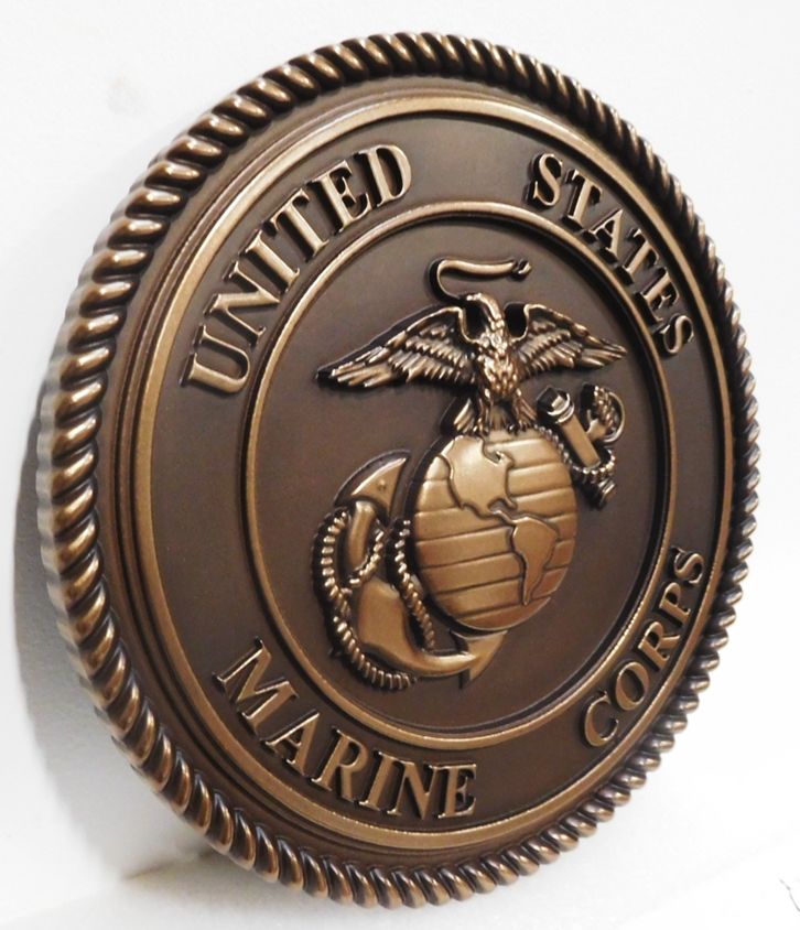 KP-1132  - Carved Plaque of the Emblem of the US Marine Corps, 3D  Bronze-Plated (Side View)