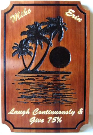 L22412 - Engraved Cedar Wood Plaque Wall for Seaside Home, with Palm Tree, Moon and Sea