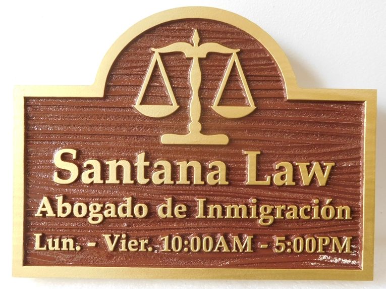 A10028 - Sandblasted in a Wood Grain Pattern, Carved HDU Sign for an Abogado de Immigracion Law Firm with Scales of Justice