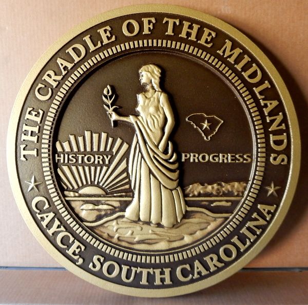 DP-1240 - Carved Plaque of the Seal of the City of Cayce, South Carolina,  Painted Bronze Metallic  