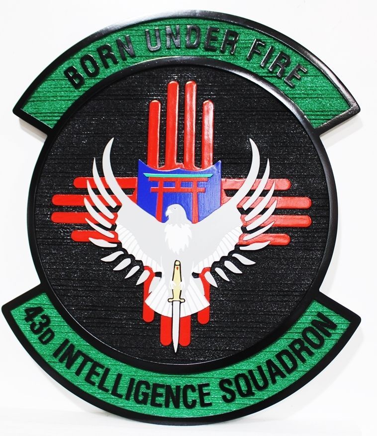LP-4127 - Carved 2.5-D Raised Relief HDU Plaque of the Crest of the 43rd Intelligence Squadron, "Born Under Fire"
