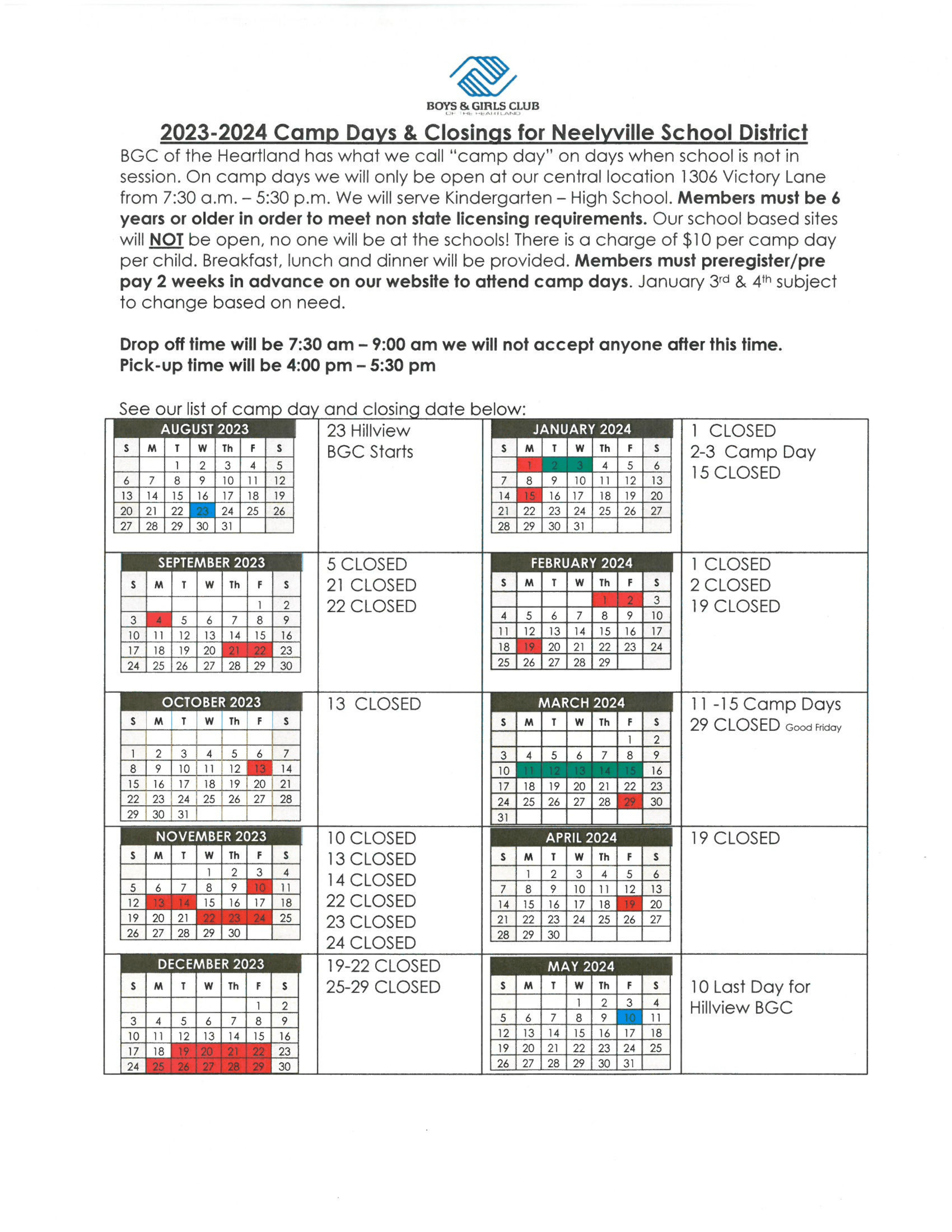 2023-2024 Neelyville School Year Camp Days : Parent Portal : Boys & Girls Club of Poplar Bluff