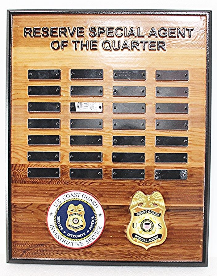 SB1146 - Carved Oak Award Board Listing Previous Reserve Special Agents of the Quarter, US Coast Guard