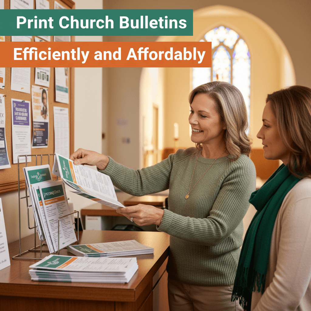A church volunteer standing at a reception desk, sorting freshly printed church bulletins while engaging with a visitor inquiring about upcoming events. Several bulletins are stacked neatly, ready for distribution.