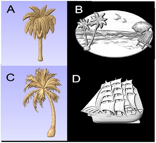 L22630 - Carved 3-D Wood Appliques (Palm Trees, Beach Scene, Clipper Ship)