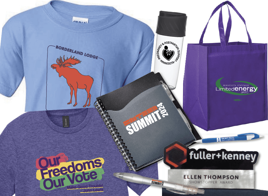 Promotional Products including t-shirt, notebook, pens, trophy, tote bag, and tumbler