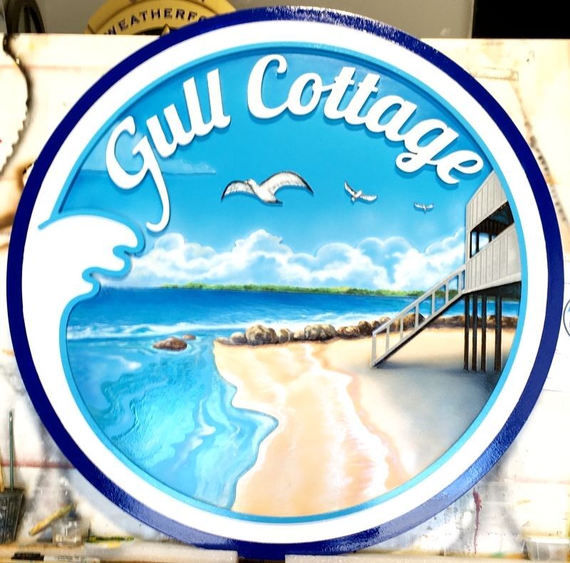 M2122 - Carved 3.5-D Multi-Level Artist-painted HDU Sign for the Gull Cottage 