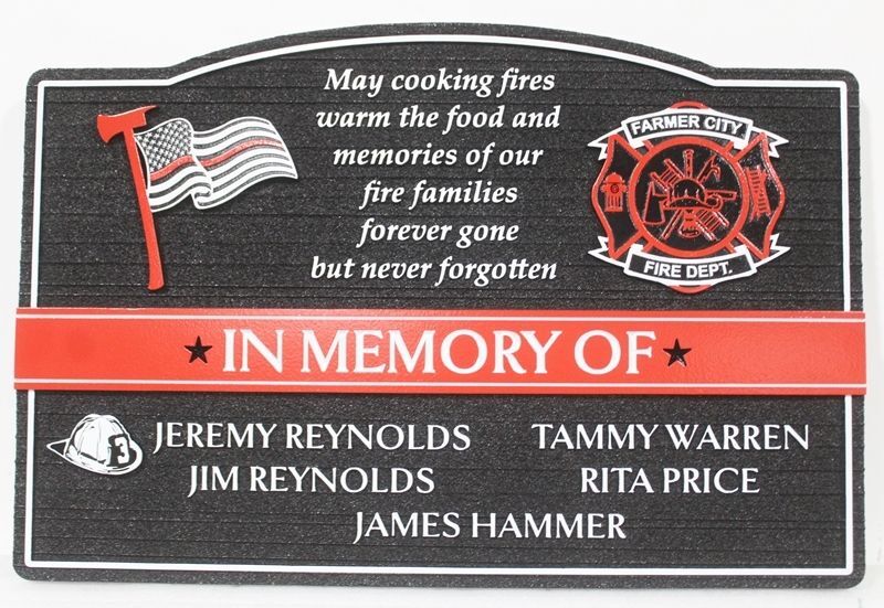 QP-3260 - Carved 2.5-D Multi-Level Sandblasted  Memorial Plaque for Five Fire Victims, Farmer City Fire Department