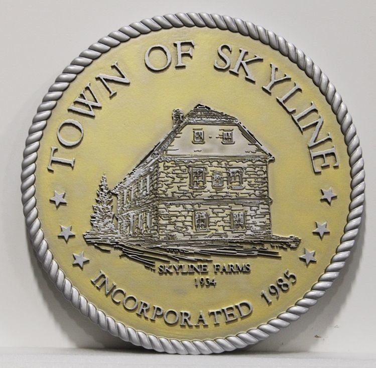 DP-2145 - Carved 3-D Bas-Relief HDU Plaque of the Seal of the Town of Skyline, Alabama
