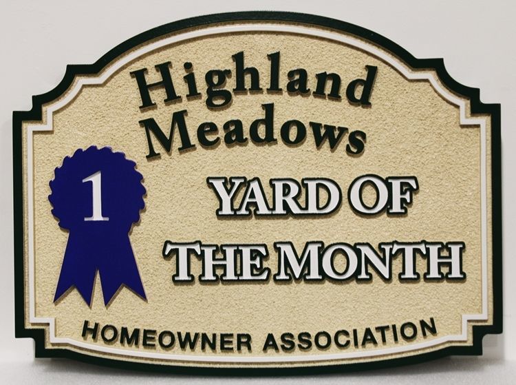 KA20978 -  Carved High-Density-Urethane (HDU)  Yard of the Month  Sign for the Highland Meadows Homeowner's Association (HOA)