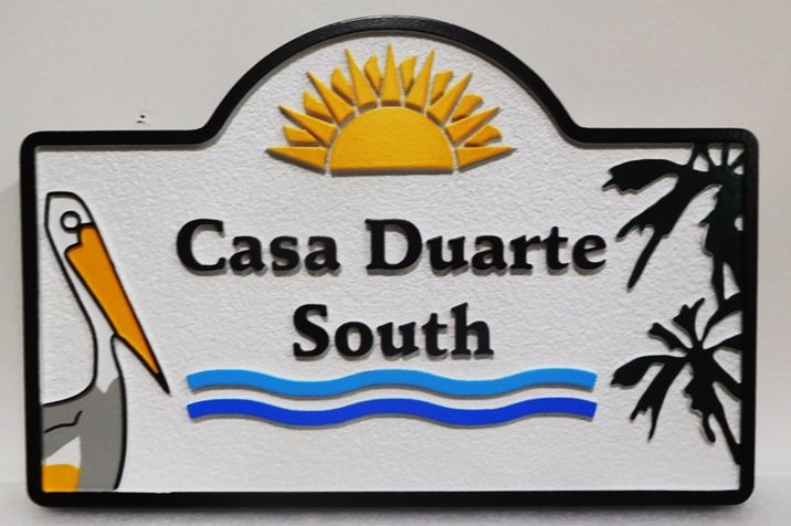 L21637 - Carved and Sandblasted Beach House Sign with Peplican, Sun, Waves and Palmetto Trees as Art