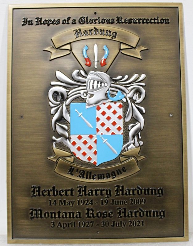 XP-2169 - Carved 2.5-D Multi-Level Coat-of-Arms, Hardung Family Memorial Plaque in Bronze-Finished HDU