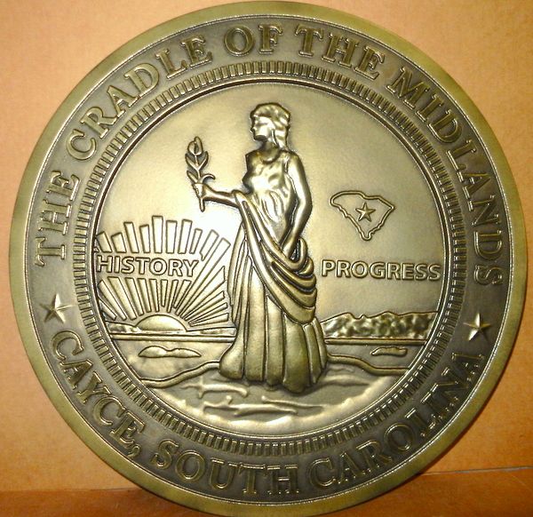 DP-1260 - Carved 3-D Bas-Relief HDU Plaque of the Seal of the City of Cayce, South Carolina,  Brass Plated 