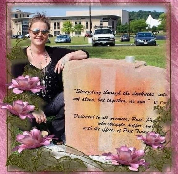 Megan leans against the engraved stone memorial she had place on campus. The image has been edited to include a border of purple flowers.