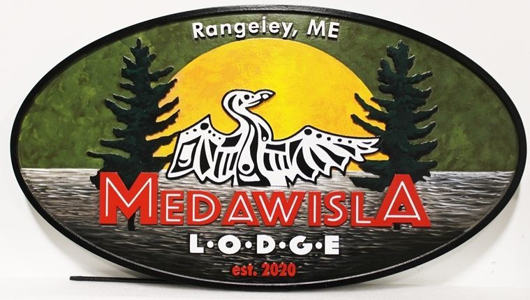 T29173 - Carved 2.5-D Multi-Level Raised Relief  HDU Sign for the Medawisla Lodge, with a Bird and Forest Scene as Artwork