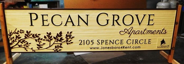 K20326 - Carved HDU Sign,  forthe "Pecan Grove " Apartments , with Wood Grain Sandblasted Background