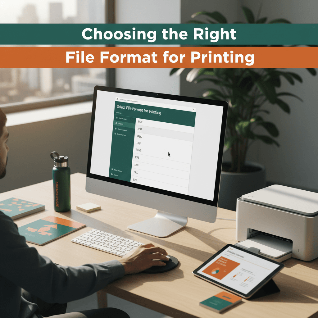 A warm, ultra-realistic commercial lifestyle photo showing a person at a modern office desk selecting different file formats for printing, with natural daylight and soft shadows. Environment is a modern office desk with marketing materials.