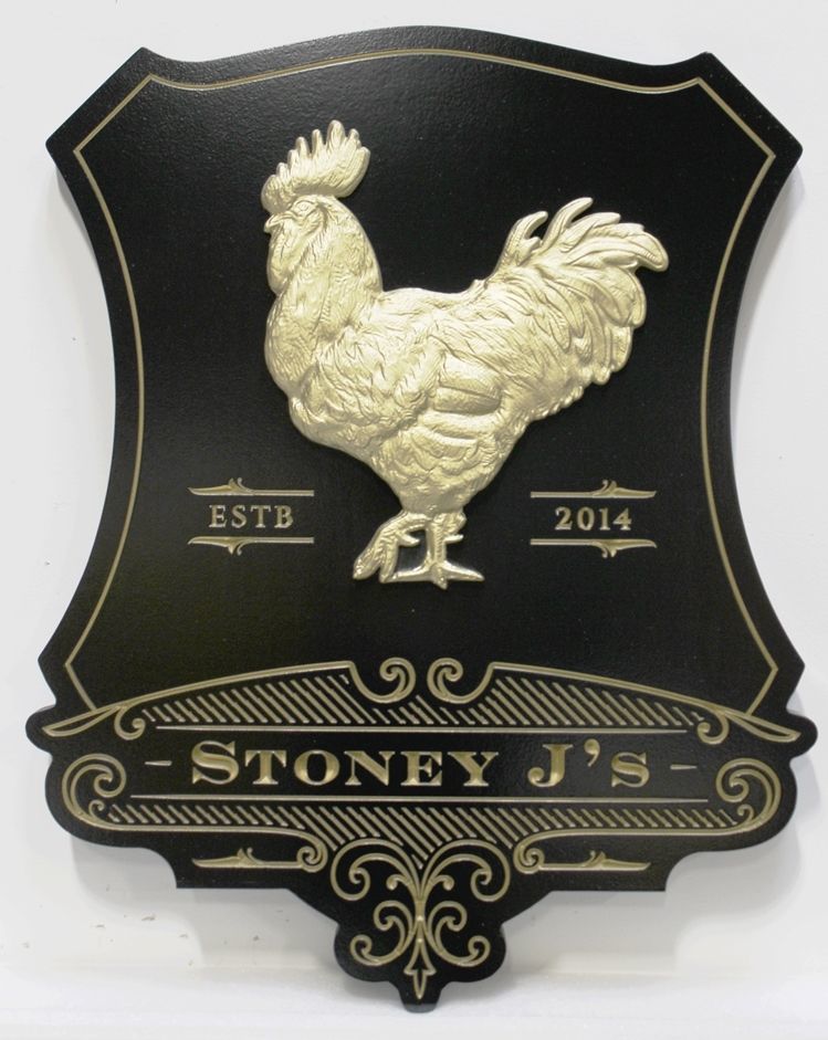 Q25011 - Elegant  Engraved HDU Entrance Sign for Stoney J's Restaurant &Tasting Room, with a Carved 3-D Bas-Relief Rooster as Artwork