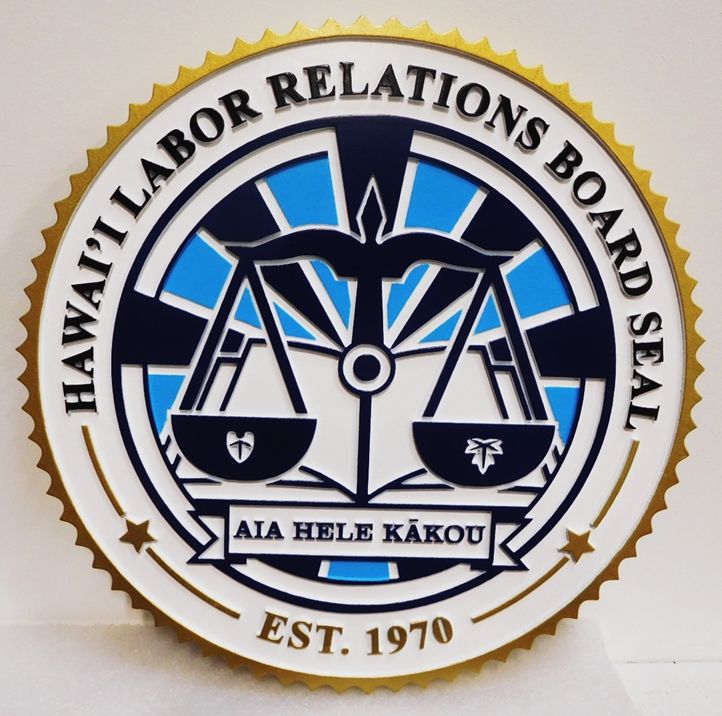 GP-1435 - Carved Plaque of the Seal of the Hawai'i Labor Relations Board. 2.5-D Artist-Painted