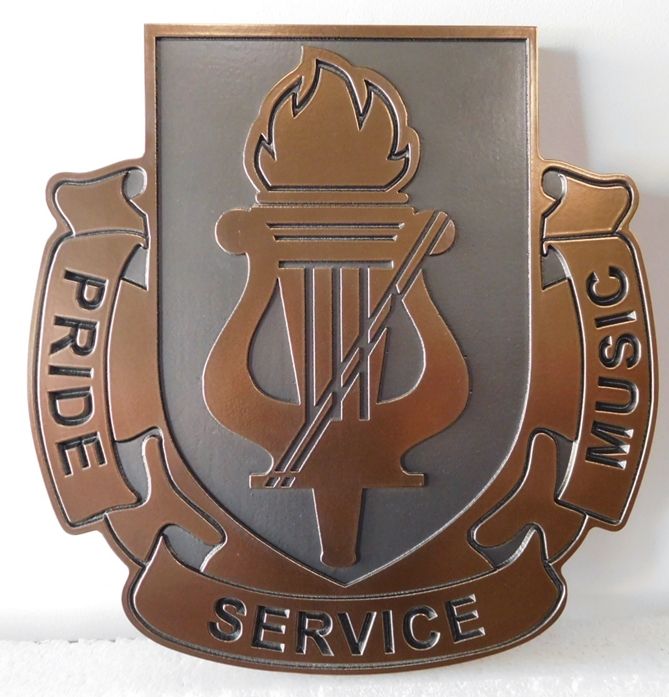 MP-2384 - Carved Plaque Crest  of a US Army Unit with Logo "Pride, Service, Music", 2,5D Bronze Plated